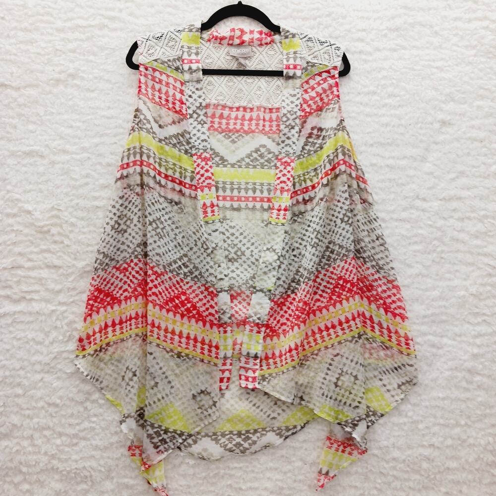 Kimono Vest Beige Red Swim Cover up Lace Boho Fairy Resort Cruise Lagenlook Sz L